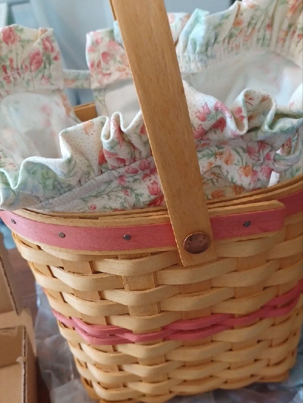 Longaberger Wooden Basket Lid with Floral Knob - Natural Wood and Pink & Basket
